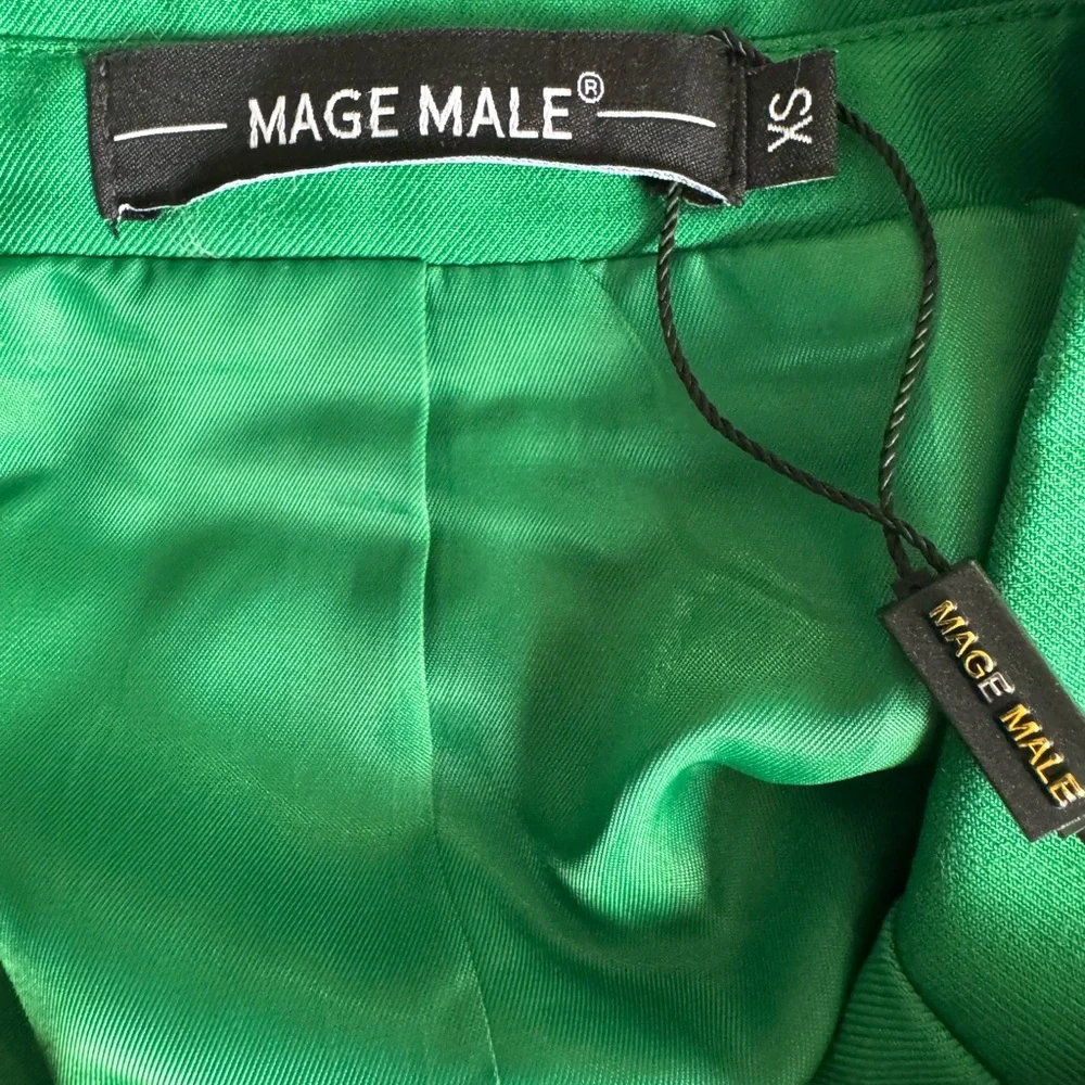 Mage Male Size XS Men's Green 2 PC Pants Suit Front Button Jacket Striped Tie